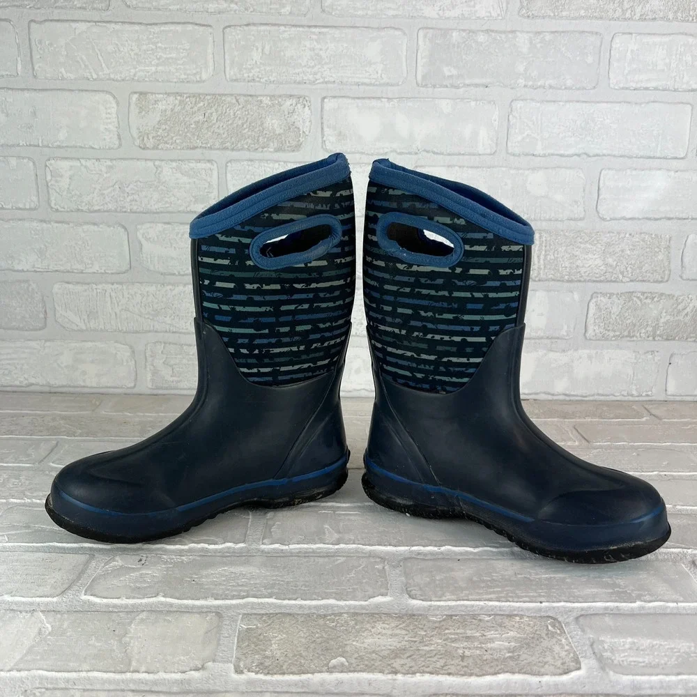 Bogs Rain Boots Youth 2 Blue Classic Stripe Waterproof Insulated Mid Calf Winter